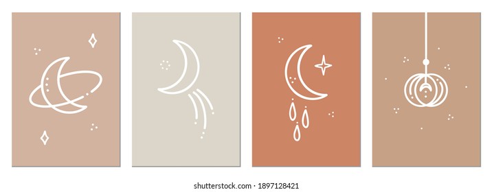 A set of minimalistic posters with celestial bodies. Posters in a modern boho style. The moon and the stars. Vector mystical Illustration cards.