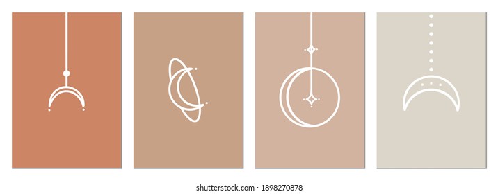 A set of minimalistic posters with celestial bodies. Posters in a modern boho style. The moon and the stars. Vector mystical Illustration cards.