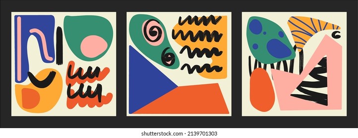 Conjunto de afiches minimalistas con diseño geométrico y varios patrones, plantilla vectorial con elementos de formas primitivas, estilo hipster moderno.
