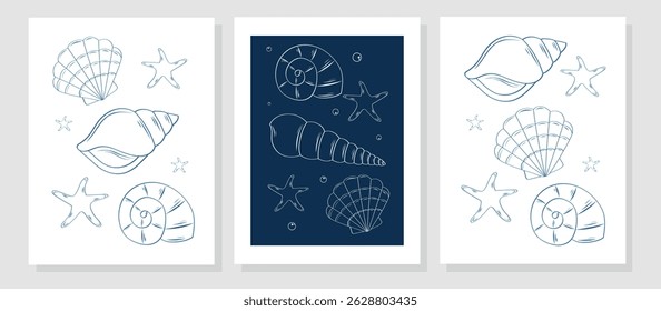 Set of minimalistic posters with hand drawn seashells. Tropical shells. Vector illustration for pattern, labels, postcards, menus.