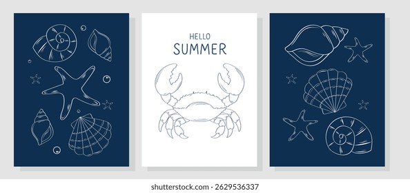 Set of minimalistic posters with hand drawn seashells. Tropical shells and clams. Vector illustration for pattern, labels, postcards, menus, poster.