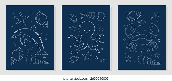 Conjunto de cartazes minimalistas com conchas do mar desenhadas à mão, mariscos, caranguejos, polvo, golfinhos. Conchas marinhas tropicais. Ilustração vetorial para modelos, etiquetas, cartões postais, menus, cartazes.