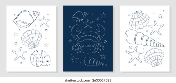 Conjunto de cartazes minimalistas com conchas desenhadas à mão, moluscos, caranguejos. Conchas marinhas tropicais. Ilustração vetorial para modelos, etiquetas, cartões postais, menus, impressões, cartazes.