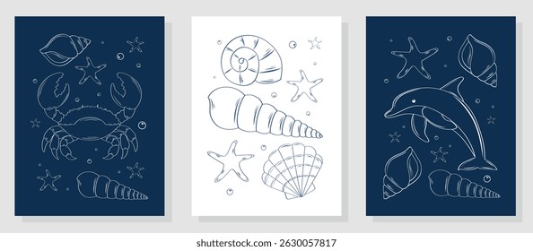 Conjunto de cartazes minimalistas com conchas desenhadas à mão, moluscos e um golfinho e caranguejo em estilo de esboço. Ilustração vetorial de verão para modelos, etiquetas, cartões postais, menus, impressões, cartazes.