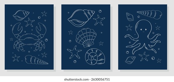Conjunto de cartazes minimalistas com conchas desenhadas à mão, molusco, caranguejo, polvo em estilo de esboço. Conchas e moluscos tropicais. Ilustração vetorial para modelos, etiquetas, cartões postais, menus, impressões, cartazes.