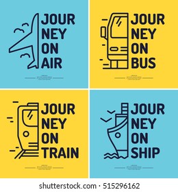 Set of minimalistic posters of journey by airplane, train, bus, boat, ship. Vector icons transport.