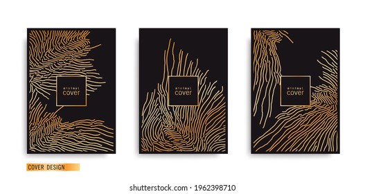 Set of minimalistic posters with line art composition. Freeform hand drawn doodle texture. Trendy golden style covers. Vector illustration