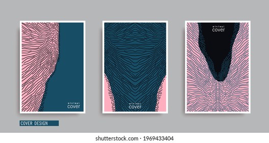 Set of minimalistic posters with line art composition. Freeform hand drawn doodle texture. Trendy abstract handcrafted covers. Vector design