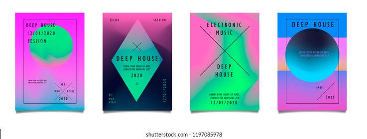 Set of minimalistic posters for music event (Electronic music, deep house, drum and bass, techno) with holographic pastel geometric shapes.