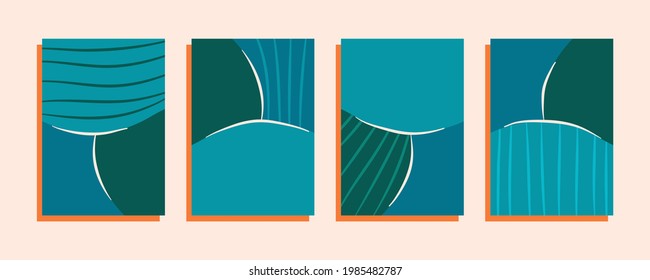 A set of minimalistic posters with stripes. Round shapes and lines on orange substrates. Vector illustration of abstract covers and templates