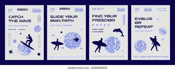 A set of minimalistic posters with surfer silhouettes and simple shapes. A design template for a techno rave party or event.