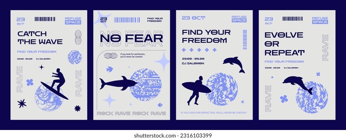 A set of minimalistic posters with textured spheres and silhouettes of surfers and dolphins. A design template for a rave techno party or event.