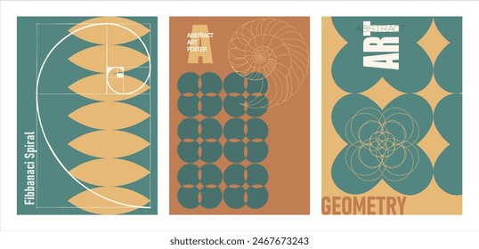A set of minimalistic posters in vintage colors. Simple geometric shapes and lines (golden ratio spiral), with exemplary typography - modern print art design for branding, advertising, websites