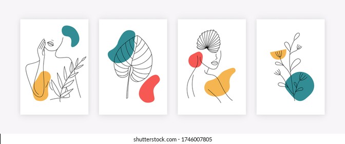 Set of minimalistic posters with womens silhouette and leaves. Trendy cards with abstract shapes hand drawn girl portraits and leaves. Vector illustration