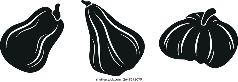 set of minimalistic pumpkin logos of various shapes and sizes with tails and white lines on them, for autumn-themed designs
