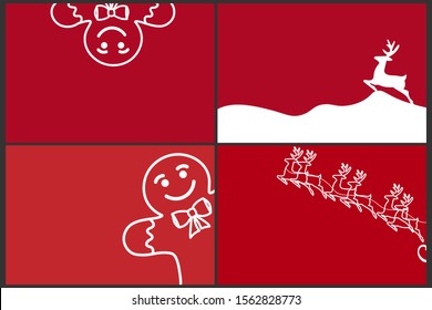 Set of minimalistic red christmas backgrounds with white silhouette of Santa Claus's reindeer, sleigh and gingerbread man. Modern trendy vector template for banner, card, poster with copy space