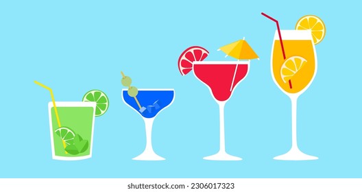 Set of minimalistic refreshing summer cocktails with fruits. For bar and restaurant menu concepts. Vector illustration on a white background.