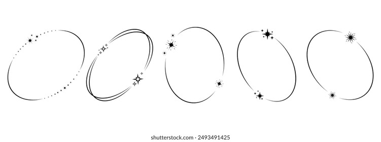 Conjunto de Formas lineales minimalistas redondas u ovaladas y2k . Diseño lineal de moda en color negro con marco, estrella. Elemento estético de Vector retro ilustrado para Anuncios, redes sociales, diseño de carteles.