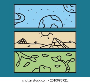Set of minimalistic scenery vectors.  There are mountains, deserts and seas.