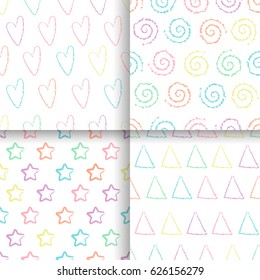 Set of minimalistic seamless doodle patterns with heart, star, triangle and spiral.