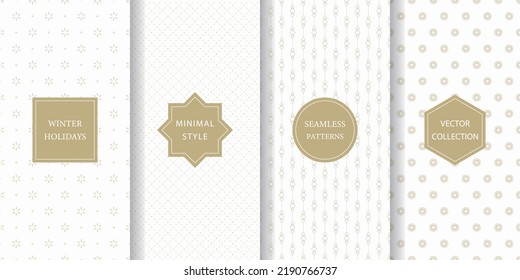 Set of minimalistic seamless patterns for winter holidays. White and gold subtle texture for Christmas with snowflake, diamond, lattice pattern.