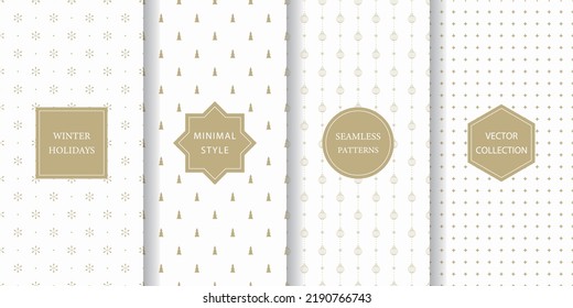 Set of minimalistic seamless patterns for winter holidays. White and gold subtle texture for Christmas with trees, snowflakes, ornaments, and stars.