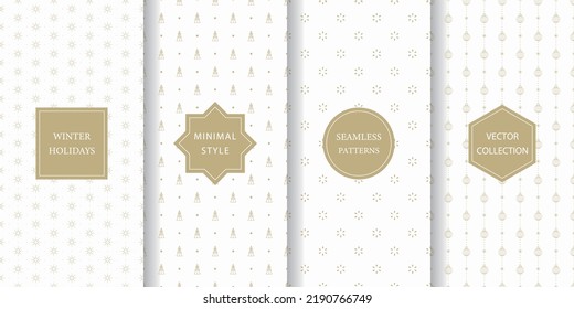 Set of minimalistic seamless patterns for winter holidays. White and gold subtle texture for Christmas with geometric tree, ornament, sparkle, and star.