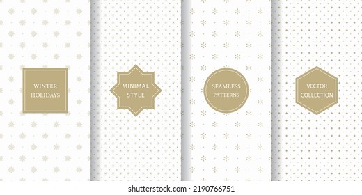Set of minimalistic seamless patterns for winter holidays. White and gold subtle texture for Christmas with ornamental snow, star, light, diamond.