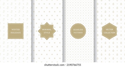 Set of minimalistic seamless patterns for winter holidays. White and gold subtle texture for Christmas with socks, ornament, diamond, and snowflake.