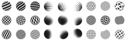 Set Of Minimalistic Shapes. Halftone Black Color Spheres Isolated On White Background. Stylish Emblems. Vector Spheres With Dots, Stripes, Triangles, Hexagons For Web Designs. Simple Signs Collection.