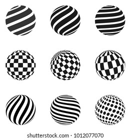 Set of minimalistic shapes. Halftone black color spheres isolated on white background. Stylish emblems. Vector spheres with stripes, dots, squares, rectangles for web designs. Simple signs collection.