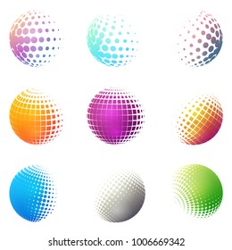 Set of minimalistic shapes. Halftone bright color spheres isolated on white background. Stylish emblems. Vector spheres with dots, squares, rectangles for web designs. Simple signs collection