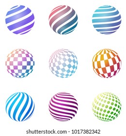 Set of minimalistic shapes. Halftone bright color spheres isolated on white background. Stylish emblems. Vector spheres with dots, stripes, dots, rectangles for web designs. Simple signs collection