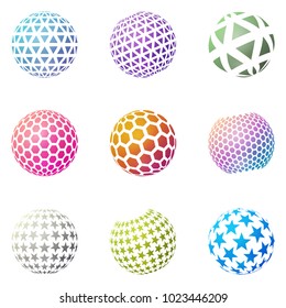 Set of minimalistic shapes. Halftone bright color spheres isolated on white background. Stylish emblems. Vector spheres with triangles, hexagons, stars for web designs. Simple signs collection