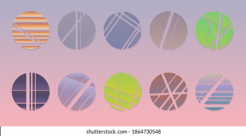 Set of minimalistic shapes. Halftone bright color spheres set. Vinatge stylish emblems. Vector spheres with abstract stripes, hexagons and triangles for web designs.