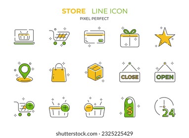 Set of minimalistic shopping icons. Collection of web icons for online store, from various cart icons in various shapes. Store and sale pixel perfect sign and symbol. Vector illustration concept
