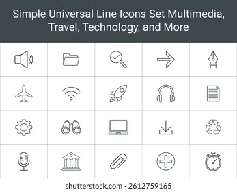 A Set of Minimalistic Simple Universal Line Icons Set. Technology, Travel, and Business Symbols vector illustration. Simple, clean design.