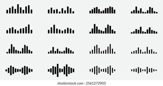 Set of minimalistic sound wave icons in black on a white background, representing audio signals or frequency patterns. Ideal for music, audio, or technology-related designs.