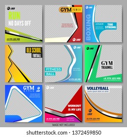 Set Minimalistic Square Templates. Pack for Creating Unique Content. Colorful Posters. Sport Business Flyers Simple Design for Social Media. Healthy Lifestyle. Vector Illustration. Square Banner