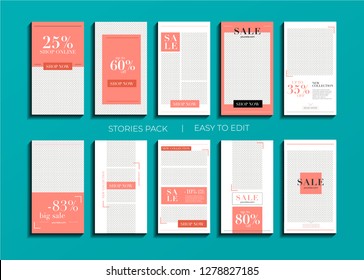 Set of minimalistic stories for Instagram. Frame. Pack for creating your unique content. Modern template in color trend 2019 Living Coral