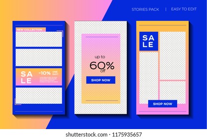 Set of minimalistic stories for Instagram. Pack for creature your unique content. Modern bright color: blue, pink, yellow pantone
