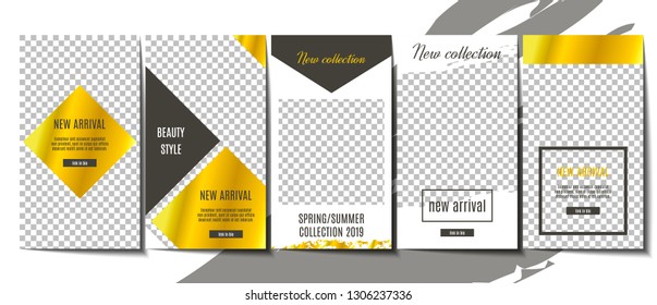 Set of minimalistic stories template design. Social media unique content creating. Modern background with gold. Stock vector