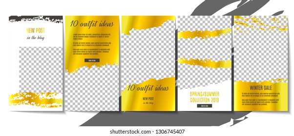 Set of minimalistic stories template design. Social media unique content creating. Modern background with gold. Stock vector