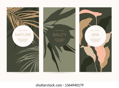 A set of minimalistic templates with natural floral elements for packaging and decoration of cosmetic products, beauty salons and spa. Silhouette of palm tree leaves, olive and lily. Vector