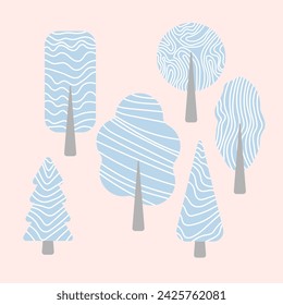 einstellen. Minimalistisch strukturierte isolierte gefrorene Pappel, Winterbaum-Design, Vektor-Element organischer Stil