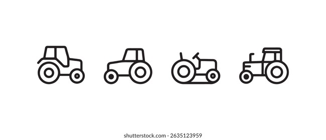 Set of minimalistic tractor icons in black and white line art style.