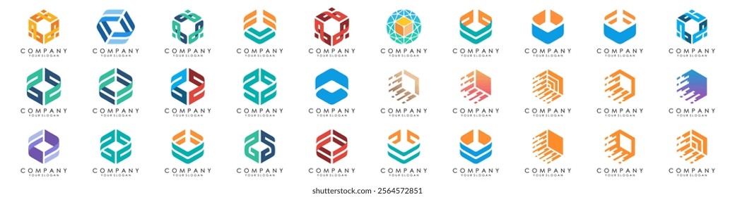 Set of minimalistic trendy shapes creative hexagon logo icon set. Stylish vector logo emblems for Your design.