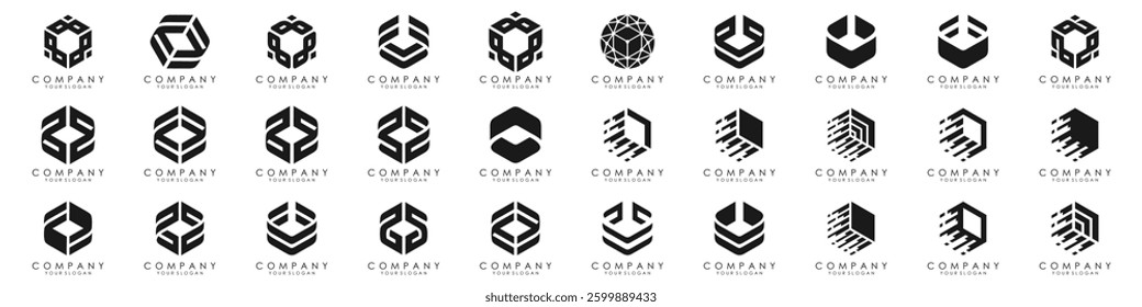 Set of minimalistic trendy shapes creative hexagon logo icon set. Stylish vector logo emblems for Your design.