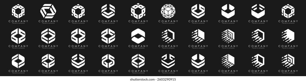 Set of minimalistic trendy shapes creative hexagon logo icon set. Stylish vector logo emblems for Your design.