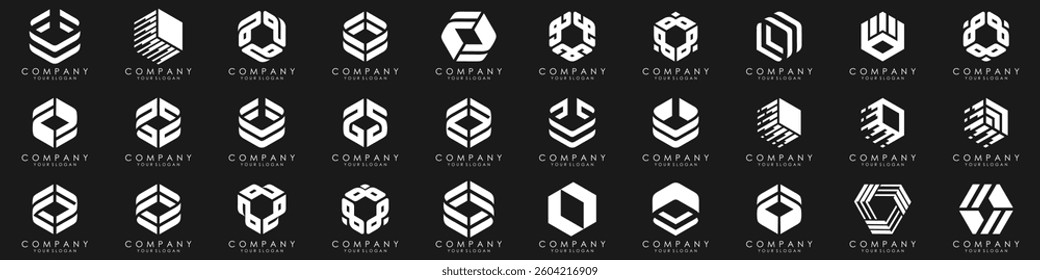 Set of minimalistic trendy shapes creative hexagon logo icon set. Stylish vector logo emblems for Your design.